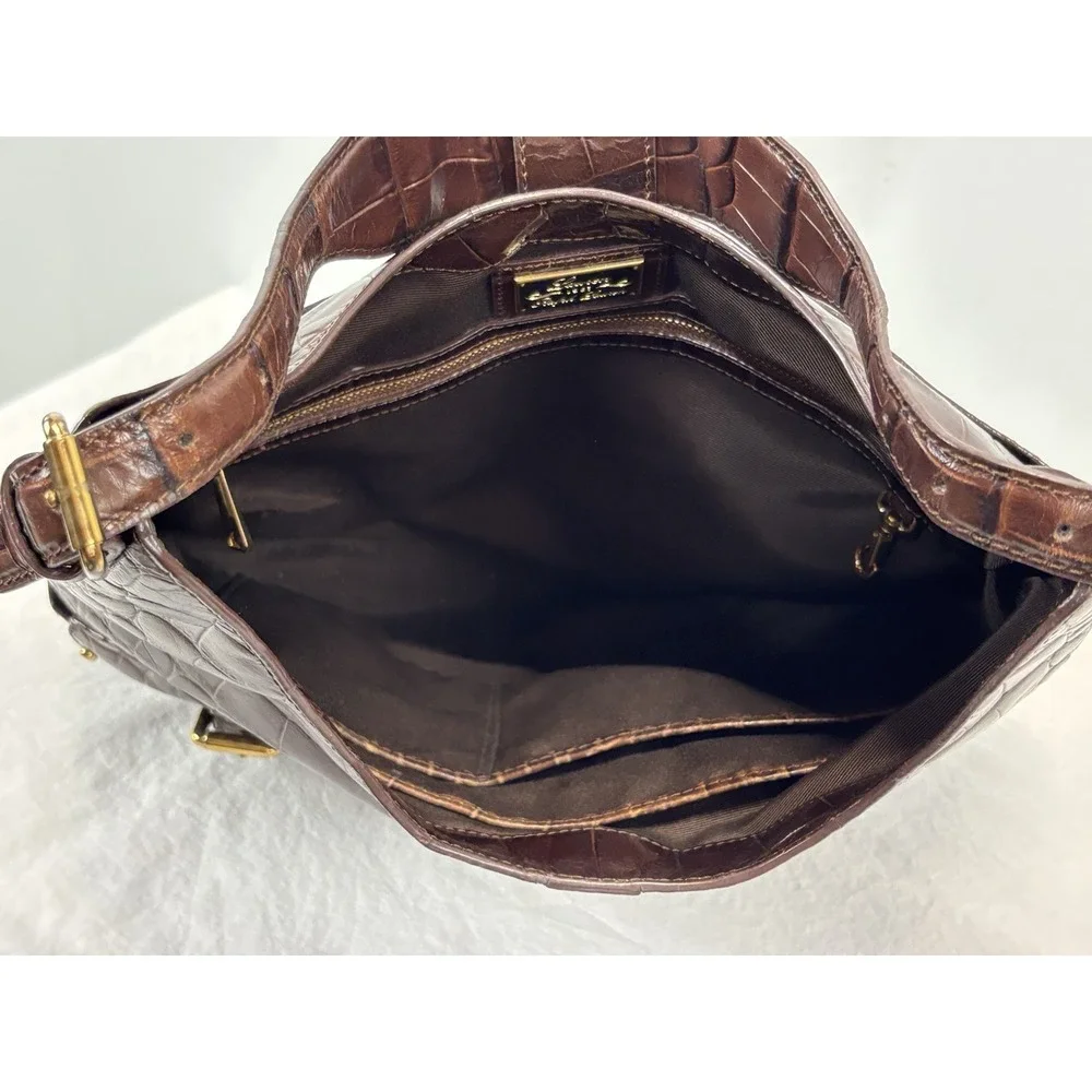 Lauren Ralph Lauren Croc Embossed Leather Hobo Purse Brown Shoulder Bag